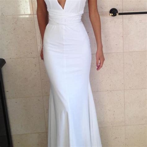 Fitted White Deep V Neck Mermaid Prom Dress Formal Gown Evening Dress