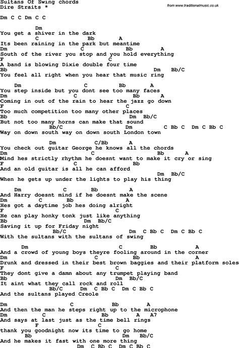 Song Lyrics With Guitar Chords For Sultans Of Swing Dire Straits