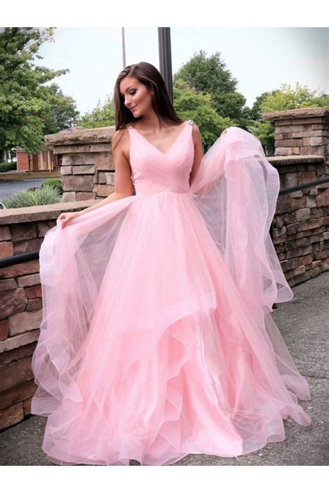 A Line Long Pink Tulle Prom Dress Formal Evening Dresses 601748