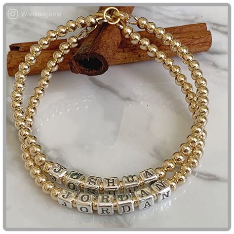 14k Beaded Name Bracelet Custom Beaded Bracelet Gold Name Etsy