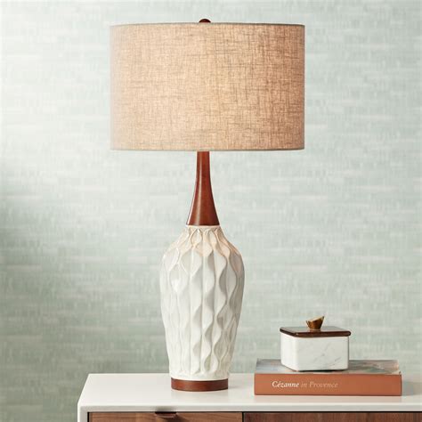 360 lighting rocco modern mid century table lamp 30 tall white geometric ceramic wood tan