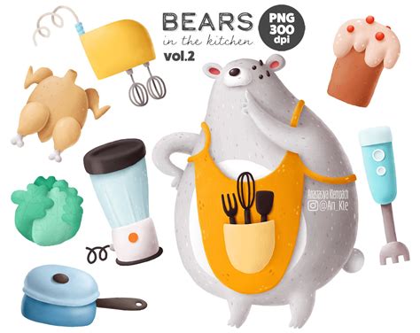 Kitchen Clipart Set Bear Cook Character Digital Downloadable