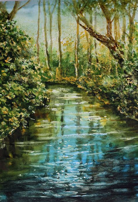River Landscape Original Watercolor Painting Nature Paysage Etsy