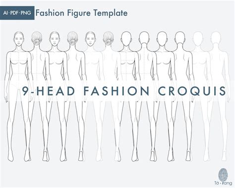 Female Fashion Croquis Templates Front And Back 9 Head Fashion Figure