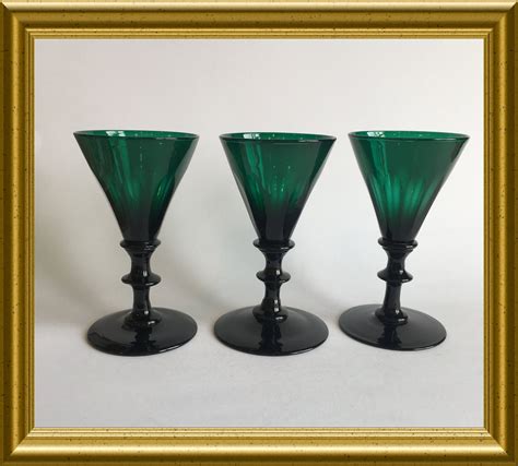 Three Antique Facet Cut Emerald Green Drinking Glasses Umbrella Glass
