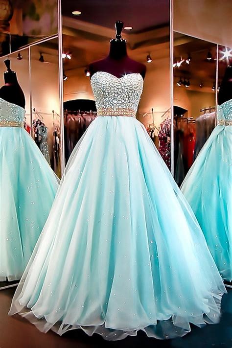 Ball Gown Sweetheart Aqua Tulle Beaded Sparkly Prom Dress