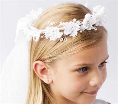 First Communion Flower Crown Veil With A Rhinestone Center And Beaded