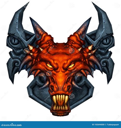 Red Dragon Head Fantasy Heraldic Shield Stock Illustration
