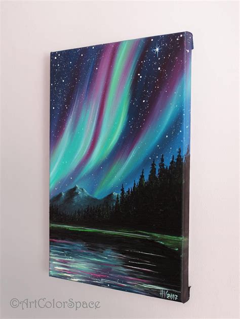 Canada Northern Lights Art Aurora Borealis Mountain Painting Etsy