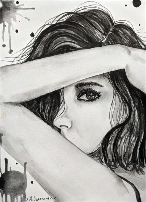 Black And White Portrait Of A Girl Lippostcard Paintings And Prints