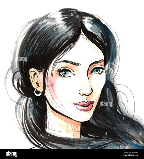 Watercolor Sketch Of A Beautiful Woman With A Long Black Hair Stock