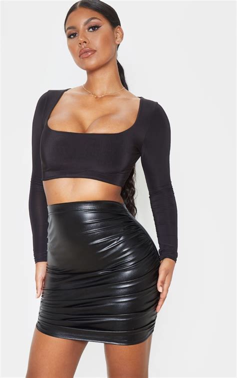 Black Pu Ruched Detail Mini Skirt In 2020 Mini Skirts Skirts Black Crop Tops