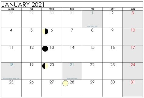 Free January Moon Calendar 2021 Phases Templates
