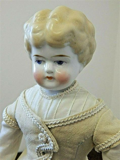 Antique Blonde Low Brow 15 Turned China Head Doll W White Wool Dress