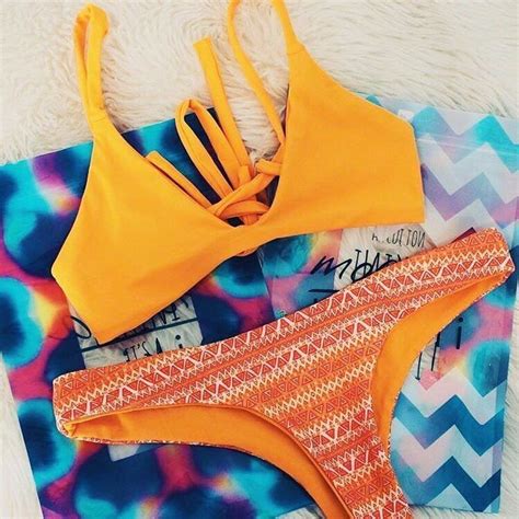 Yellow Print Triangle Bikini Set Bikinis Orange Swimwear Swimsuits