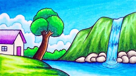 How To Draw Easy Scenery Drawing Waterfall In The Village Scenery