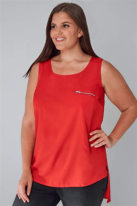 Red Sleeveless Dipped Hem Top With Zip Pocket Detail Plus Size 16 To 36
