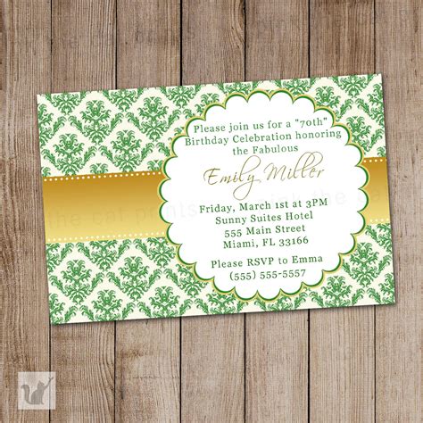Damask Birthday Invitation Emerald Green And Gold Adult Etsy