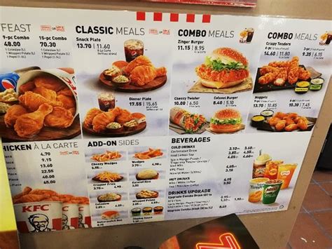Kfc prices range from about three dollars for food combinations, to twenty dollars for the family meals. kfc menu - Picture of KFC Holdings, Kuala Lumpur - TripAdvisor
