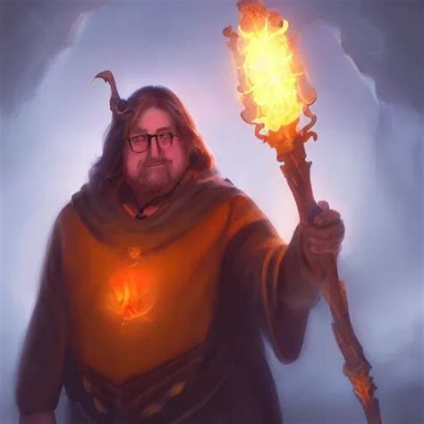 Gabe Newell Wearing Witches Tunic Holding A Glowing Stable Diffusion
