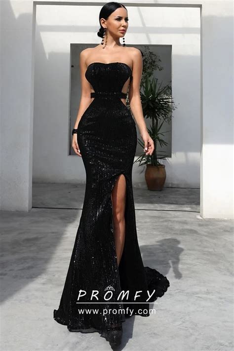 Black Sequin Strapless High Slit Low Back Prom Gown Promfy