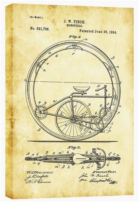 Monocycle Vintage Patent Blueprint Graphic Art On Wrapped Canvas