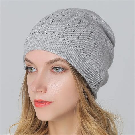 Winter Hat For Women With Rhinestone Wool Knitted Skullies And Beanies