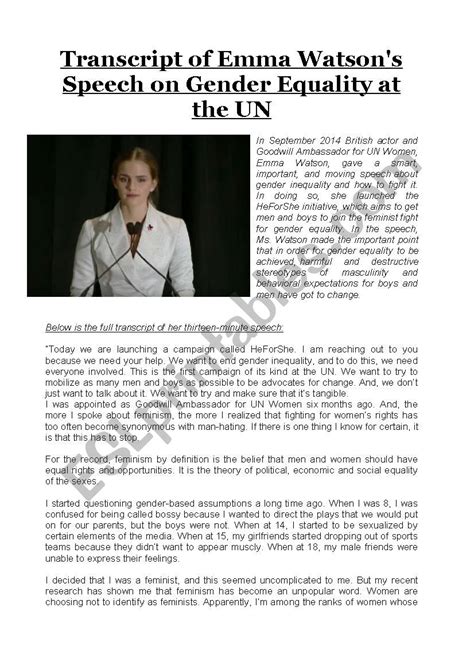 Emma Watson´s Speech On Gender Equality At The Un Esl Worksheet By