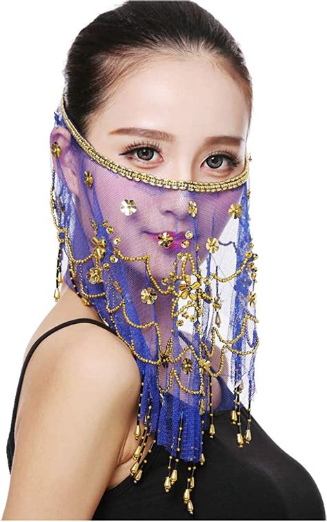 Belly Dance Half Face Veil Costume With Gold Beaded Clover For Women