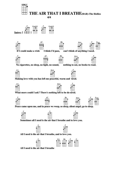 The Air That I Breathe Bar The Hollies Chord Chart Printable Pdf