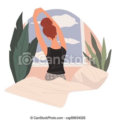 Woman Waking Up In Morning Stretching Female Stretching Female Character Sitting On Bed