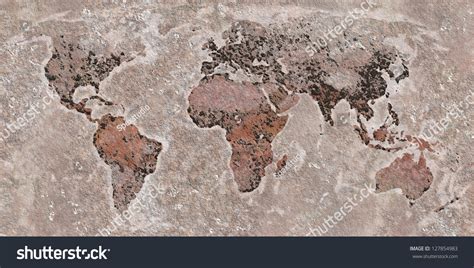 Map Of The World In Stone. Colors Reflects Climate Zones And Density Of Moss Reflects Density Of 