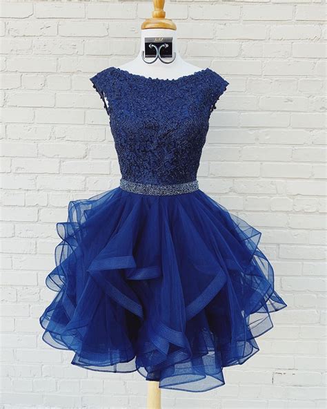Cute Short Navy Blue Applique Lace Homecoming Dress Navy Blue