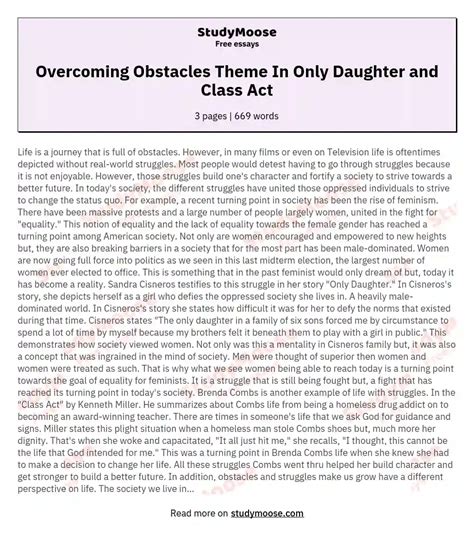 Overcoming Obstacles Theme In Only Daughter And Class Act Free Essay