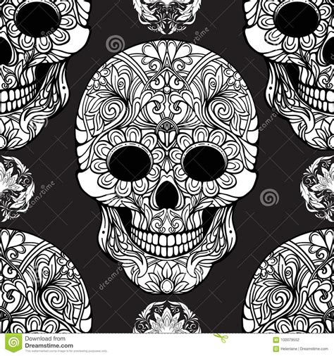 Seamless Pattern Background With Sugar Skull And Floral Patter Stock