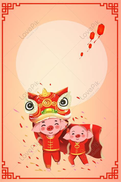 만화 사자 댄스 돼지 년 빨간색 배경 이미지 Hd 만화 축제 랜턴 배경 사진 무료 다운로드 Lovepik