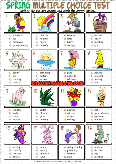 Seasons Vocabulary Esl Multiple Choice Tests For Kids