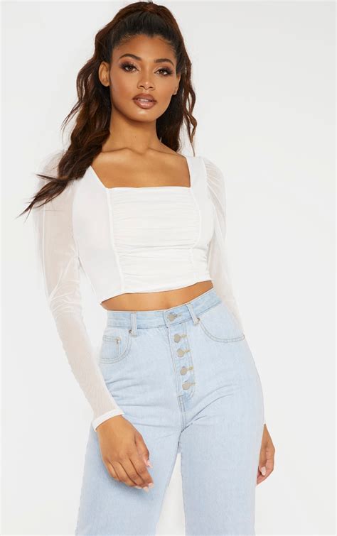 Tall White Mesh Ruched Long Sleeve Crop Top Prettylittlething