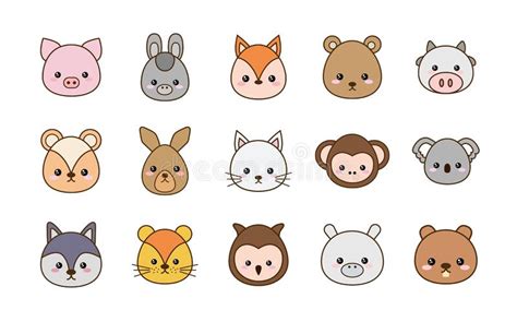 Cute Kawaii Animals Cartoons Line And Fill Style Icon Set Vector Design