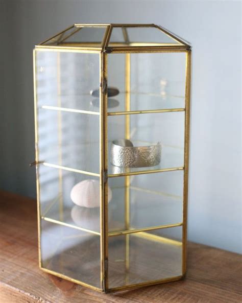 Extra Large Vintage Brass Glass Curio Display Case Jewelry Box Geometric 6 Sided Terrarium