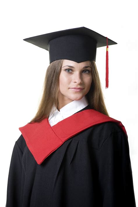 Black Graduation Gown With Red Hood And Mortarboard With Etsy