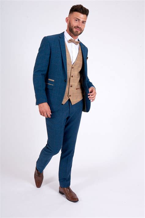 dion blue tweed check three piece suit wedding outfit men wedding suits groom groom suits
