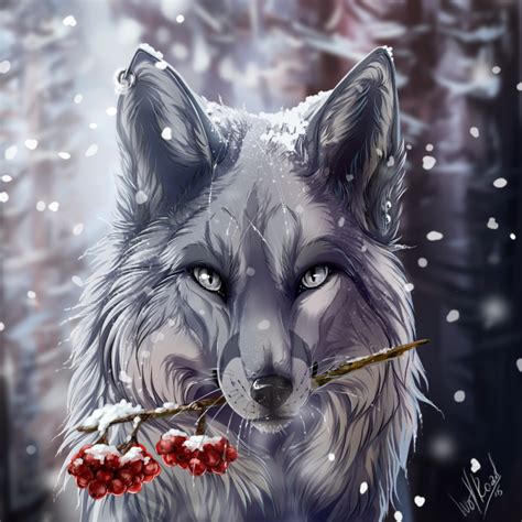 Fantasy Wolf In Snow Carrying Holly Berry Branch By Wolfroad