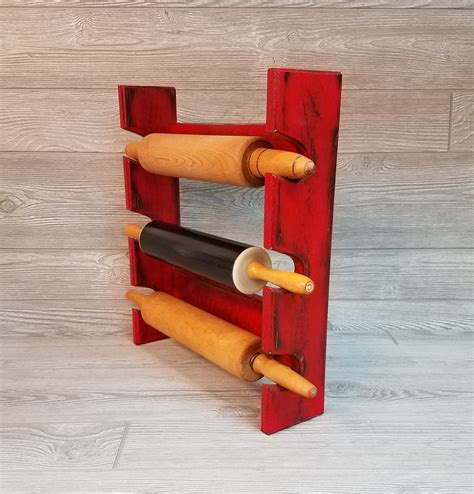 Antique Red Rolling Pin Rack With Three Slots Red Rolling Etsy