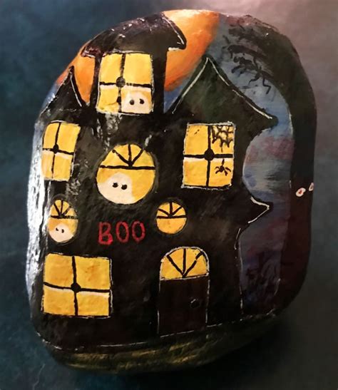 Haunted House With Ghosts Painted Rock Home And Halloween Etsy