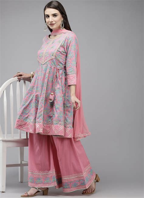 Shop Online Pink Embroidered Blended Cotton Designer Palazzo Salwar