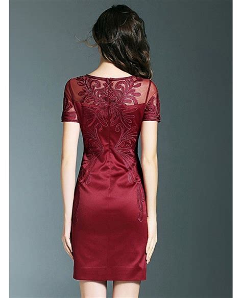 Simple Burgundy Cocktail Wedding Party Dress With Sleeves Embroidery For Weddings #ZL8026 