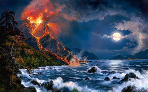 Eruption Of Volcano Sea Full Moon Fantasy Art Hd Wallpaper