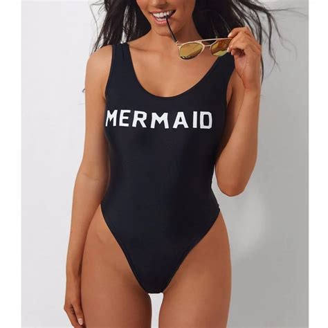 Mermaid Letter Print One Piece Swimsuit Women High Cut Swimwear Monokini Sexy Bodysuit Funny