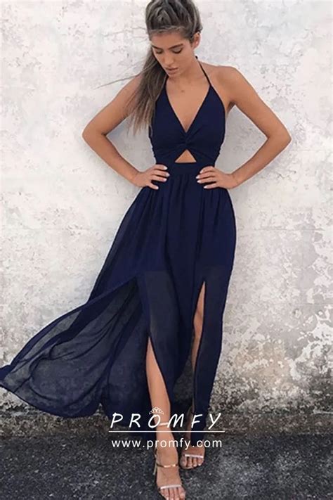 Flowy Navy Blue Chiffon Double Split Backless Casual Long Prom Party